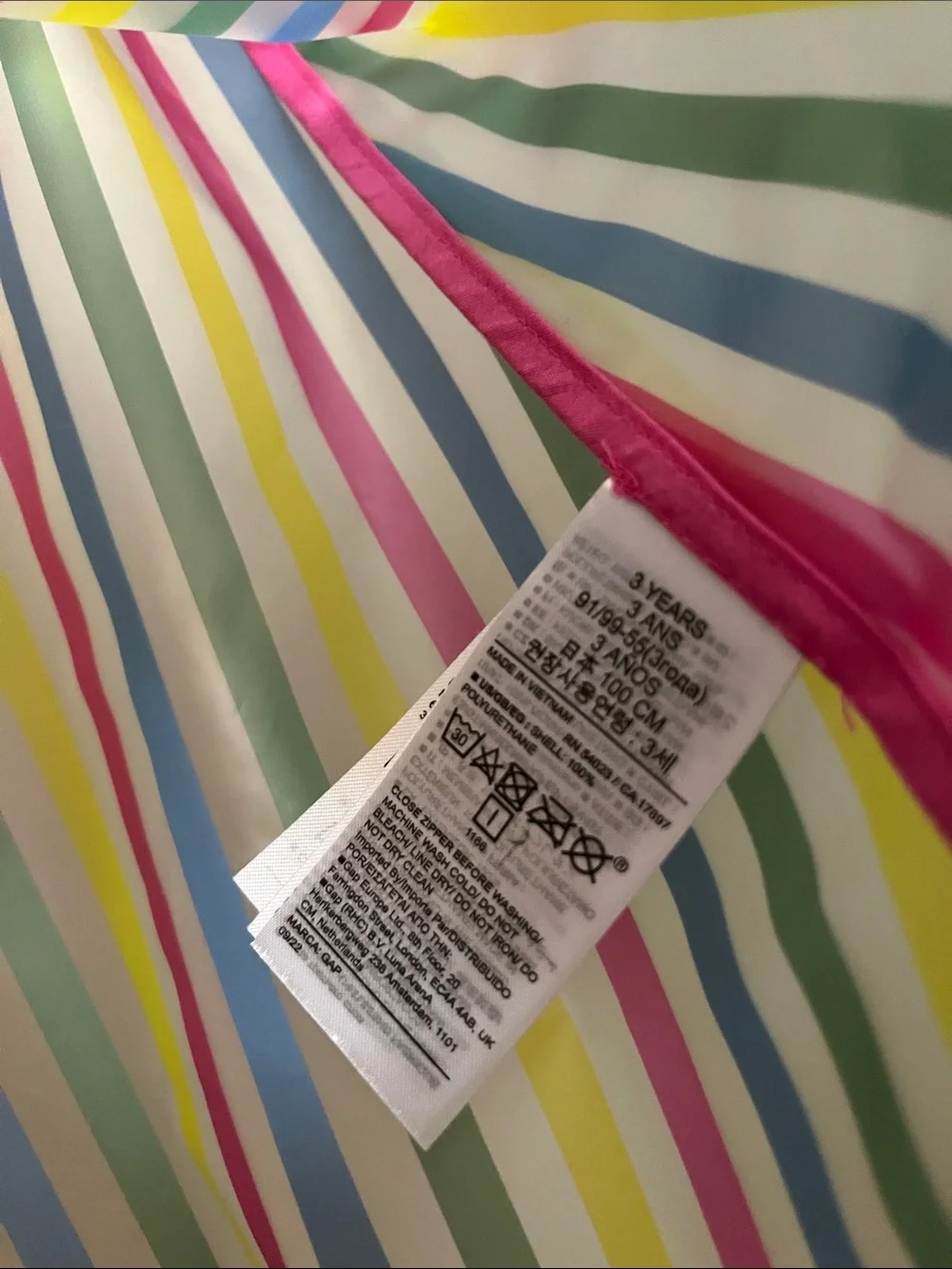 GAP Girls' Pastel Multicolor Striped Hooded Raincoat with Pink Trim Sz 3Y
